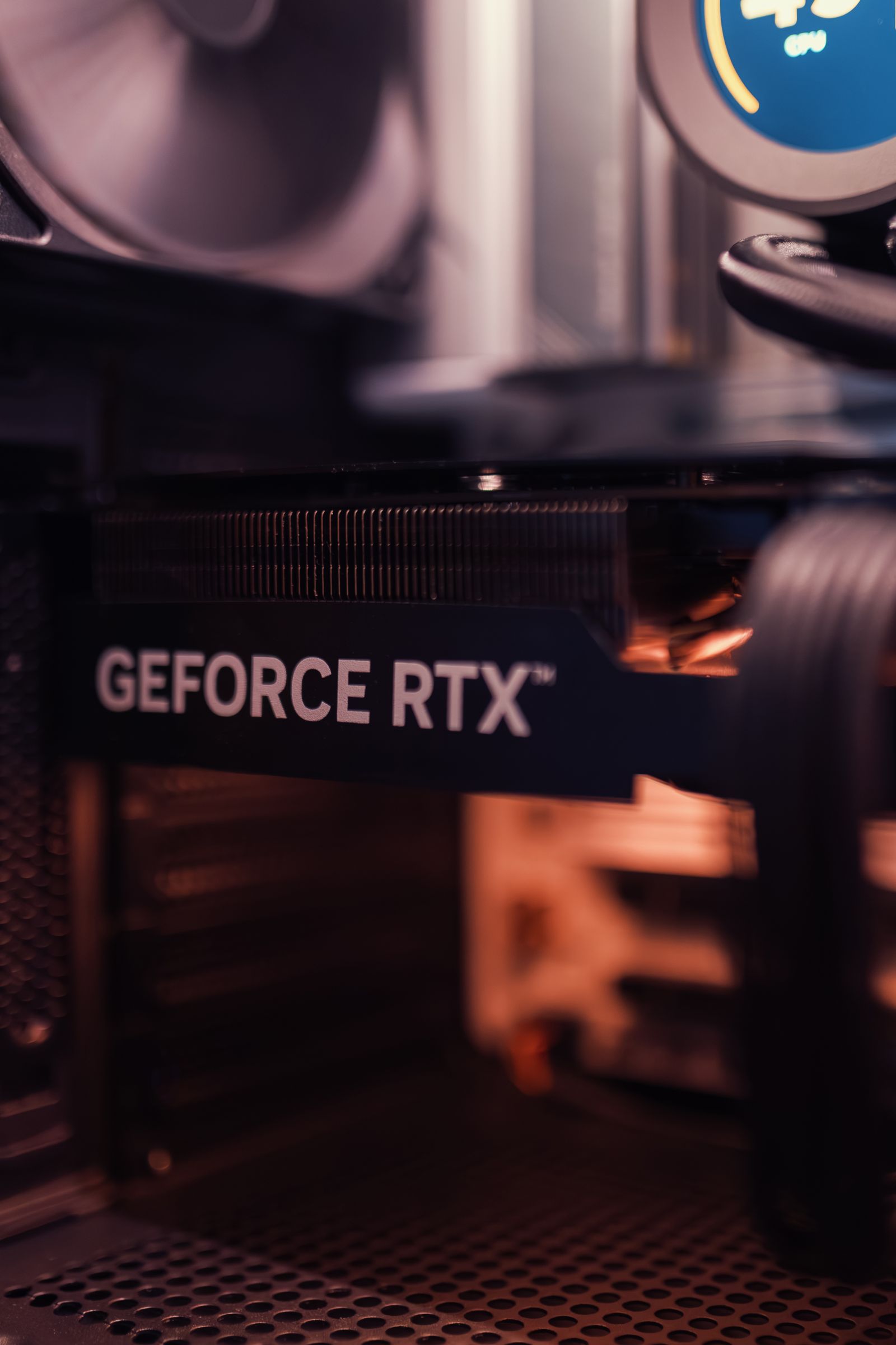 Close-up of a GeForce RTX graphics card installed in a PC