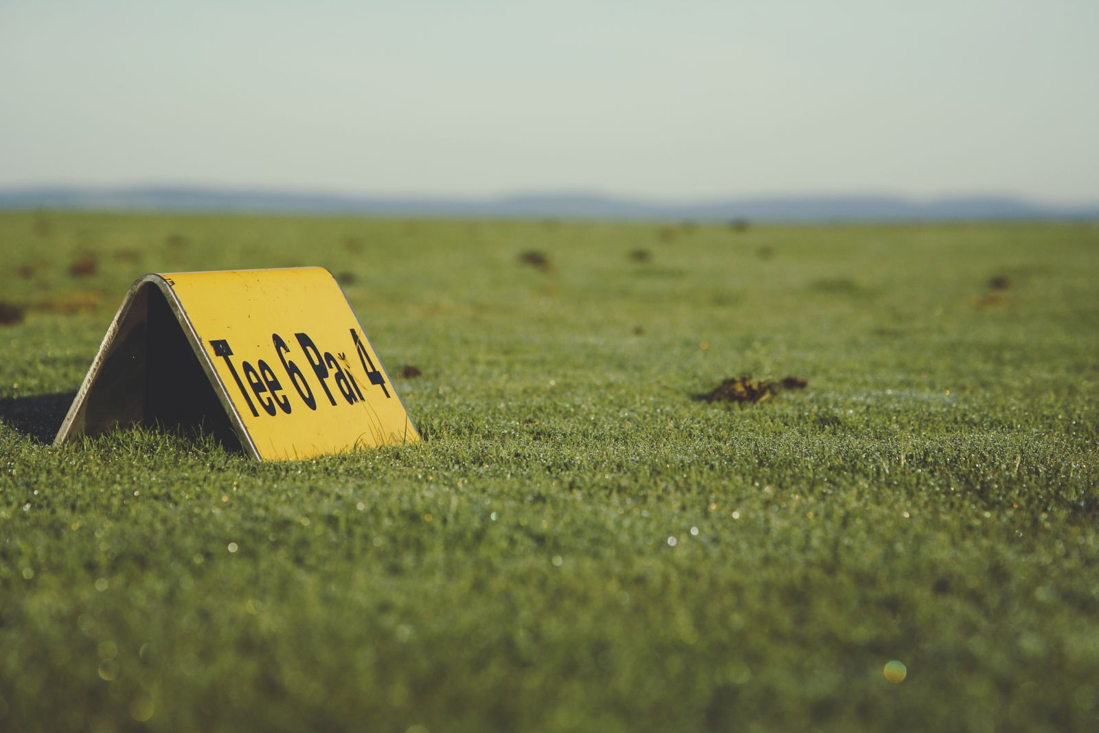 A yellow A-frame metal tee marker reading Tee 6, Par 4 sitting low in dew-covered grass, with an open fairway and distant hills behind it.